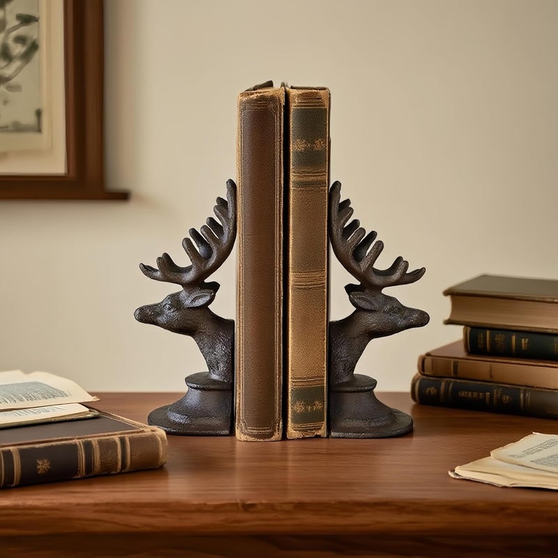 Remenna Decorative Bookend Deer Head Antler Book Ends Heavy Duty Cast Iron Vintage Shelf Decor, Antique Brown - Image 2